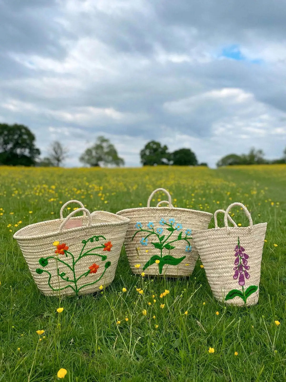 Hand Embroidered Market Basket, Forget-Me-Not